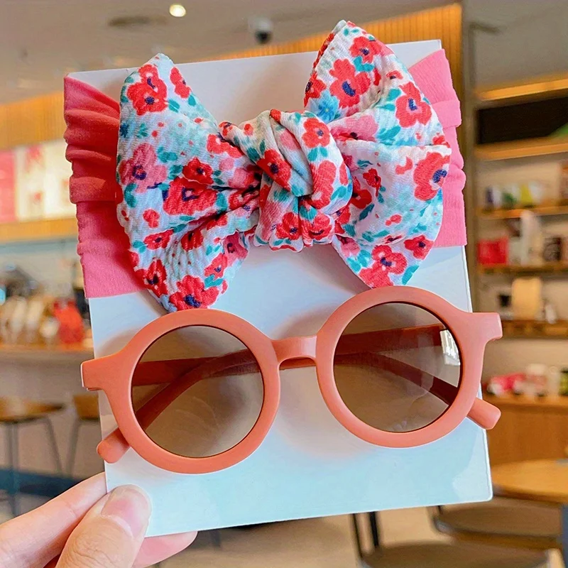 Haarband mit Schleife und Sonnenbrille-Set für Mädchen und Jungen, Blumendruck, Baby-Haarband, runde Sonnenbrille, Foto-Requisiten, Haaraccessoires 2026 – Detail 7