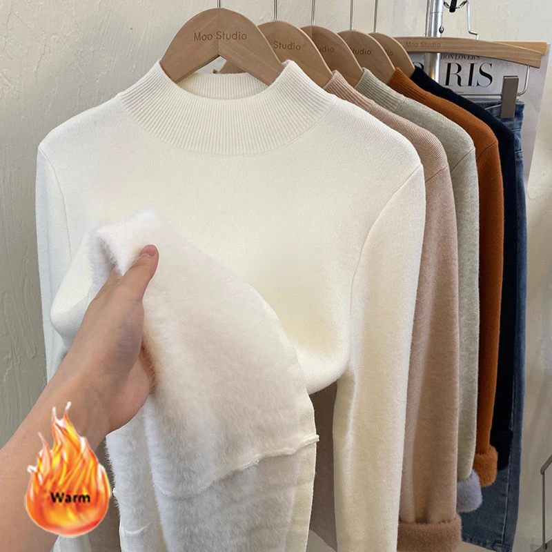 Warm Knitted Sweater Women Plus Velvet Half-Turtleneck Pullover 2024 Korean Fashion Solid Colors Long Sleeve Knitwear Top Loose