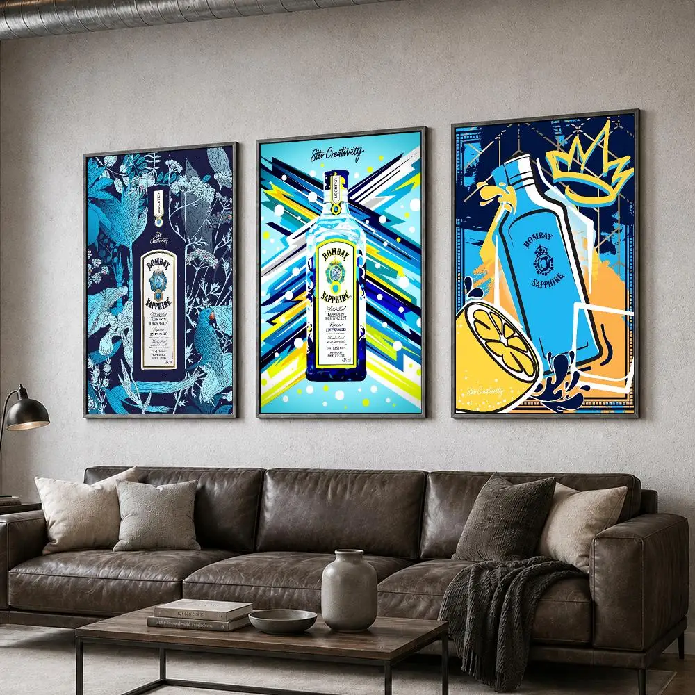Gin Bombay Sapphire London Dry Poster  PP Self Adhesive Home Garage Dorm Bar Wall Decor Aesthetic Retro Gift