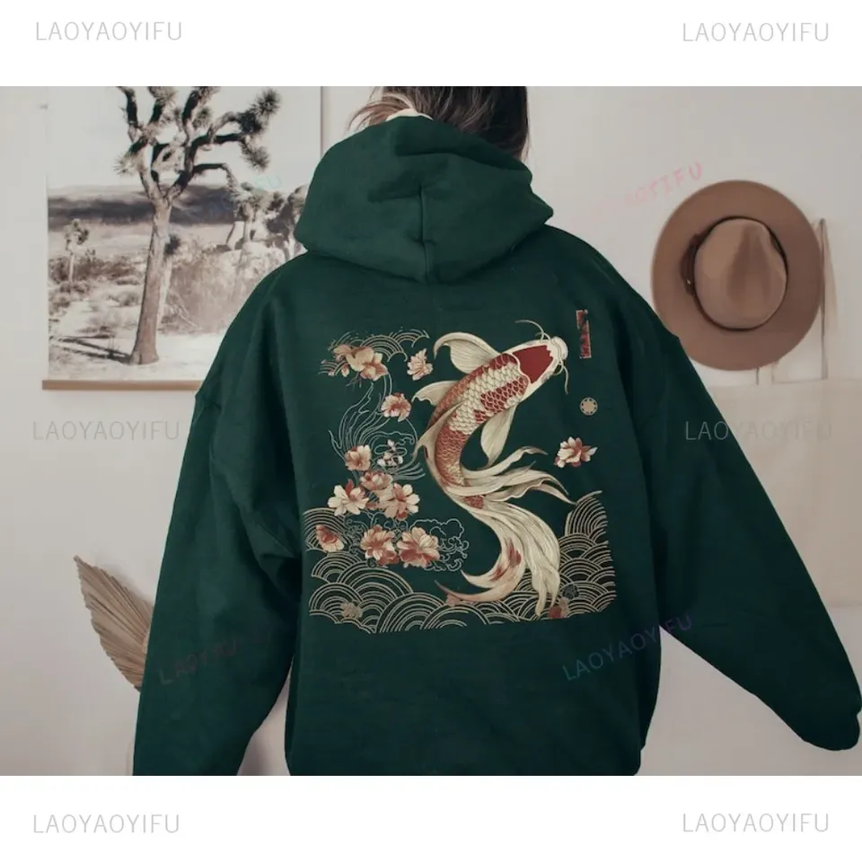  Vintage Japanese Koi Fish Hoodie Nautical Animal Asian Art Nouveau Japan Hooded Sweater Pond Top Urban Unisex Spring Tokyo Style 