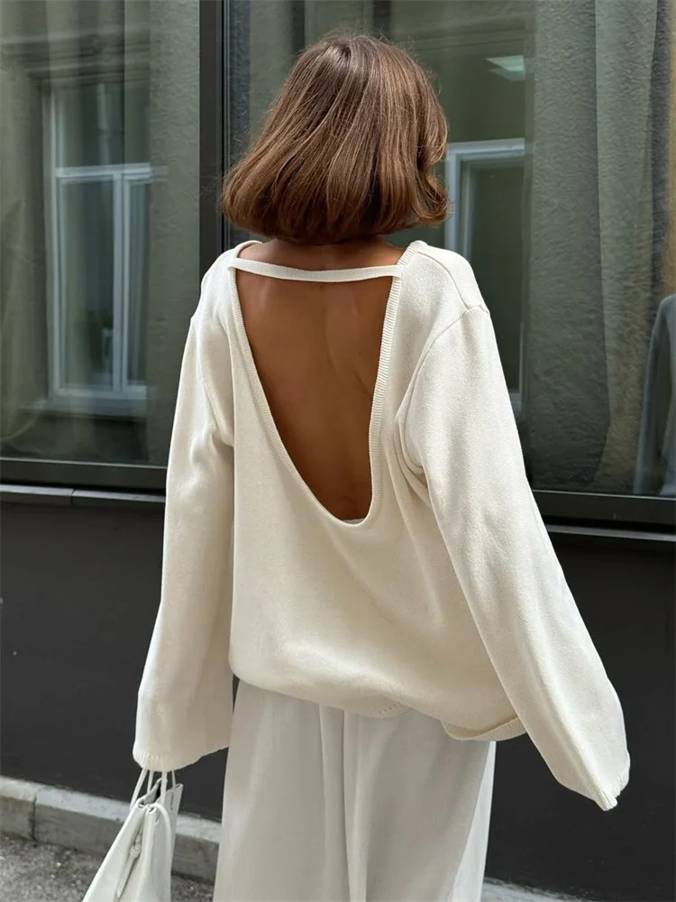 

Tossy Female Backless Loose Knitwear Sweater Solid Casual Elegant Long Sleeve Patchwork Commute Clothes Women's Knit Pullover