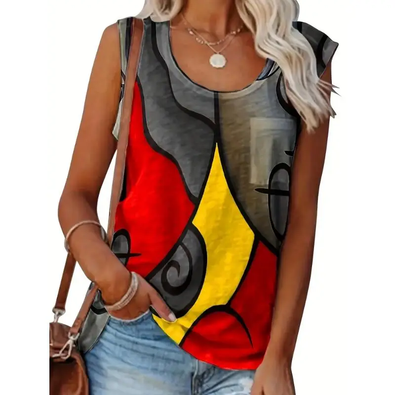 Plus Size Summer Latest Fashion Women's Sleeveless Round Neck Color Blocked Printed Tank Top Women's Fashion Tank Top