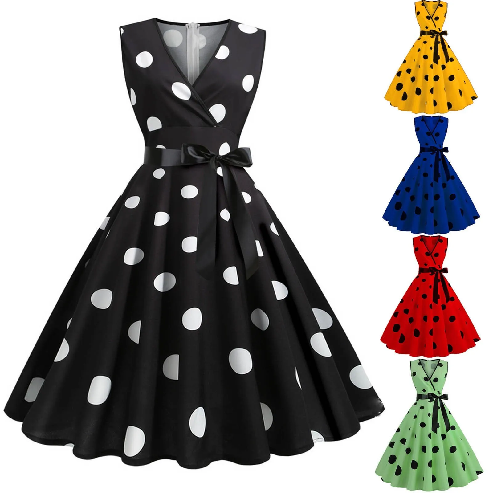 Polka Dot Summer Ladies Dress Vintage Retro With Sleeveless V-Neck Pin up Vestidos Robe Femme Casual A-line Party Dress 2024