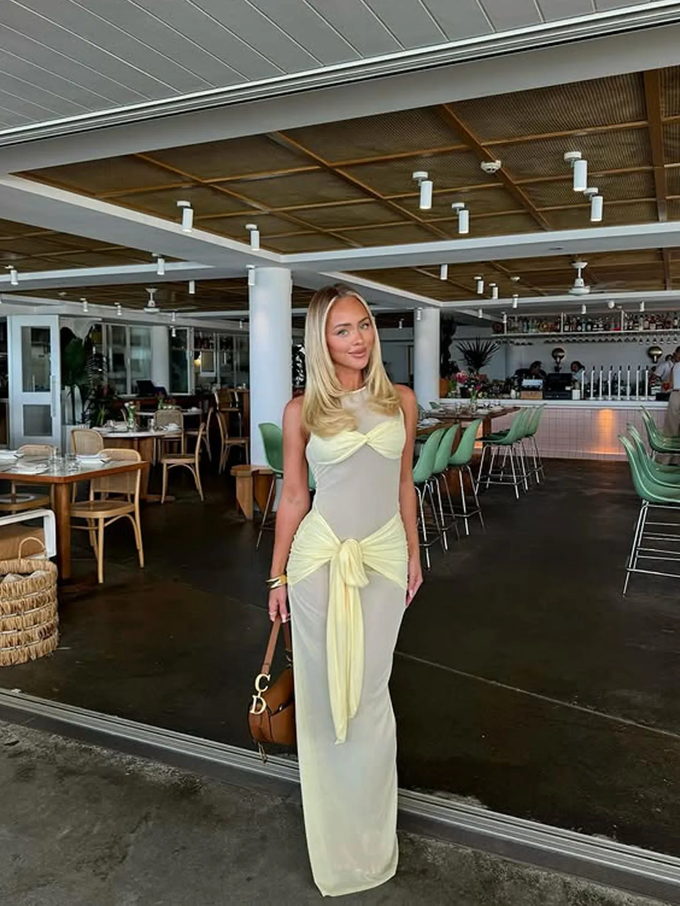 فستان نسائي طويل شبكي شفاف أصفر شاحب مع خصر ملتوي من الأمام وربطة عنق ذاتي، العودة إلى المدرسة، فساتين الخريف للنساء