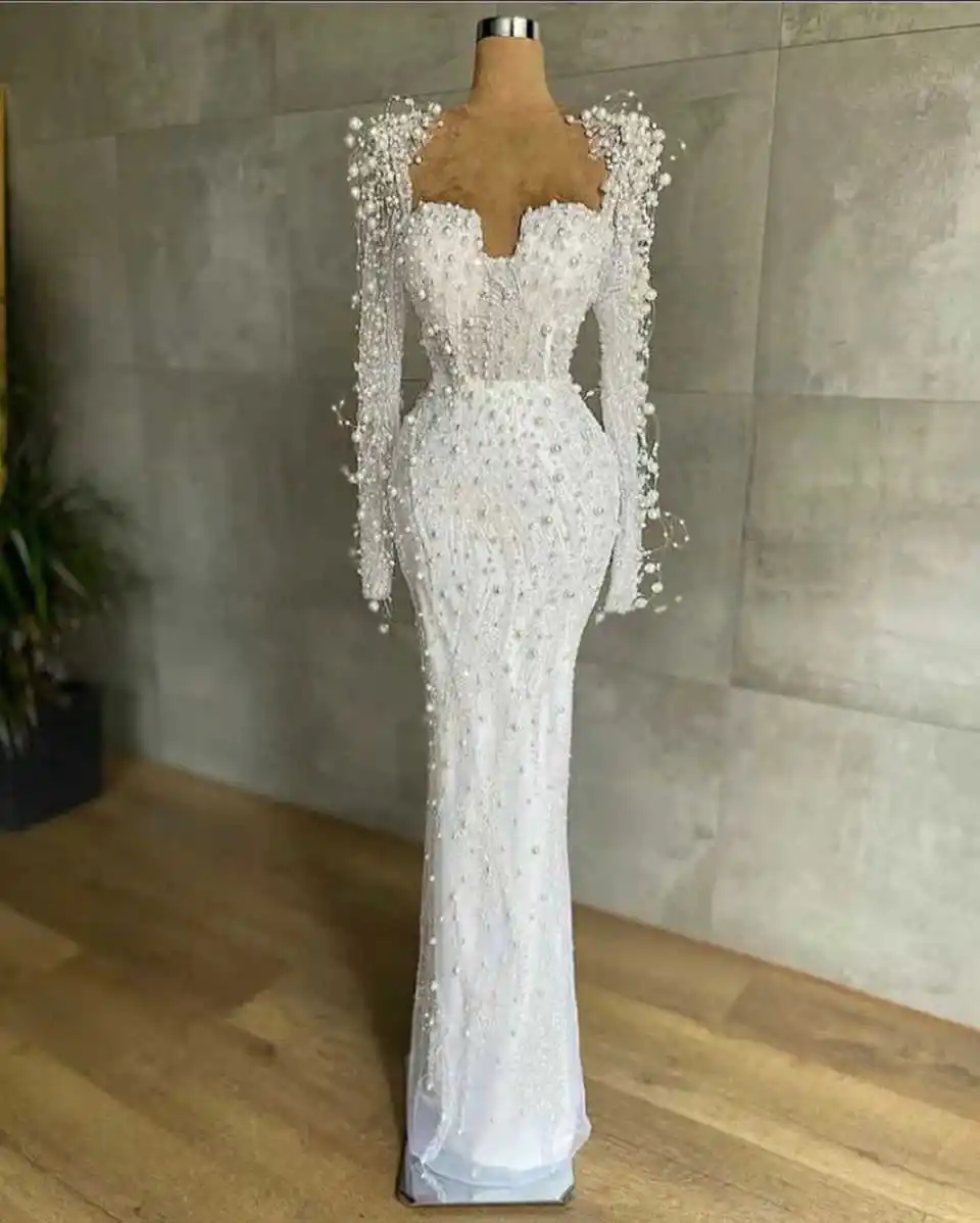 Vestidos de novia de sirena de lujo para mujer, vestido de novia de manga larga con cuello en forma de corazón, vestido personalizado con cola de barrido y lentejuelas y perlas