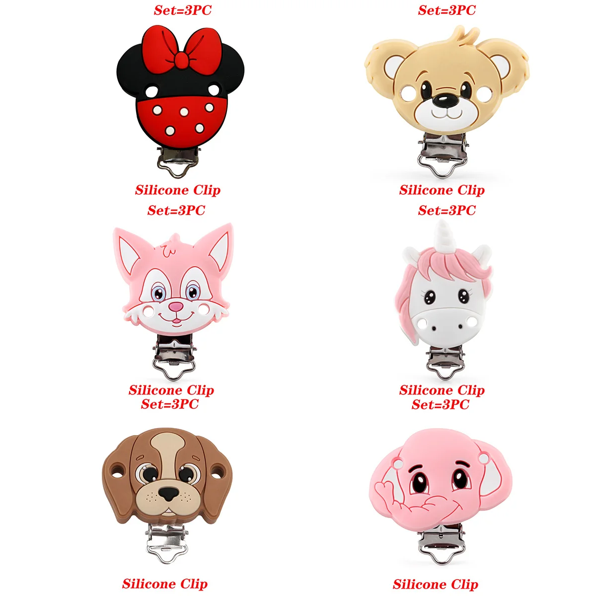 3pcs Silicone Clips Cartoon Animal Silicone Clips for Handmade DIY Pacifiers Jewelry Accessories Clothing Clips Creative Gifts