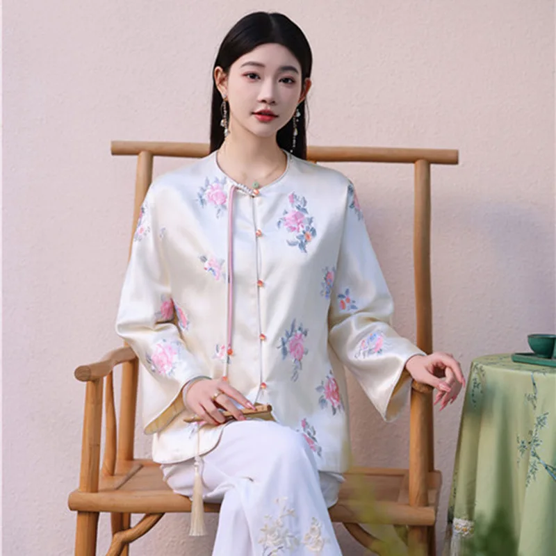 

High-end Spring Women Jacket Top Chinese Style Embroidery Elegant Lady Acetate Hanfu Coat Female S-XXL