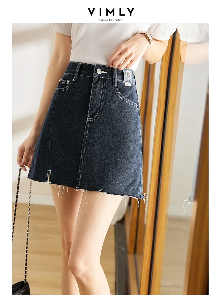 

Vimly High Waist Slit A-line Denim Skirts for Women Summer 2023 Fashion Pockets Dark Grey Casual Mini Skirts Street Wear