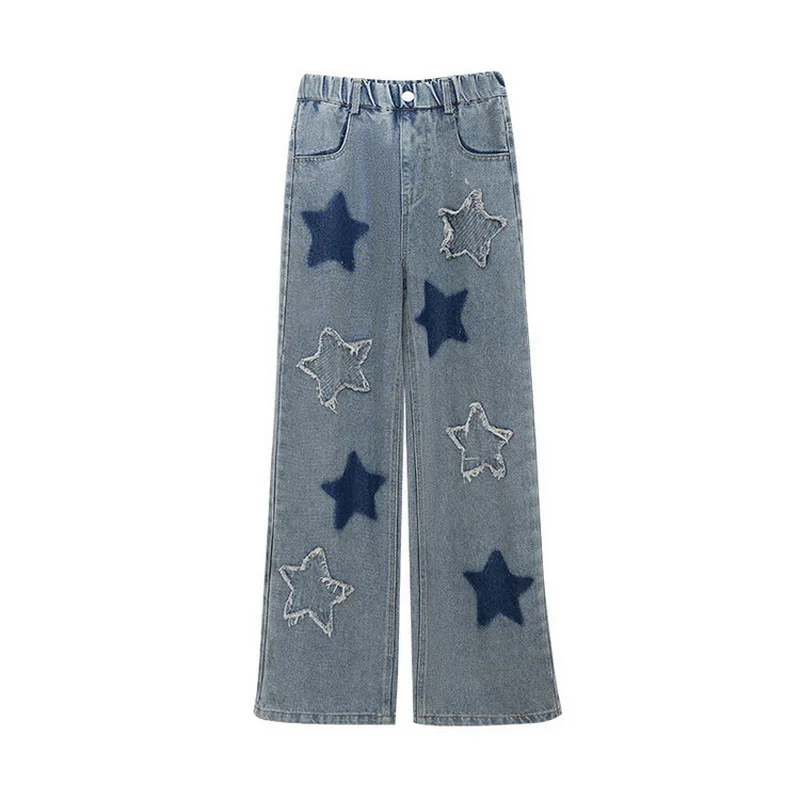 Girls School Wide Leg Pants with Star Design Casual Loose New Spring Fashion Long Jeans Children Korean Style Trousers