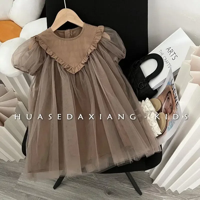 

2023 Baby Girls Summer Dress Fashion Lace Mesh Puff Sleeves Birthday Princess Dresses Children Clothes Vestidos