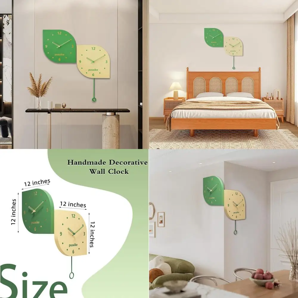 

12 Modern Double-Sided Silent Wall Clock, Green & Yellow, Battery-Powered for Living Room Decor