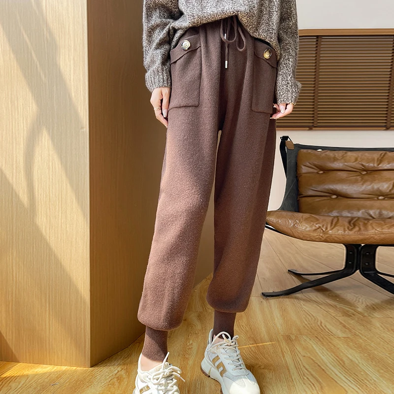 DjzDsm Women's High Waist Cargo Pants 100% Merino Wool Wide Leg Pants Casual Trousers for Ladies Spring and Autumn