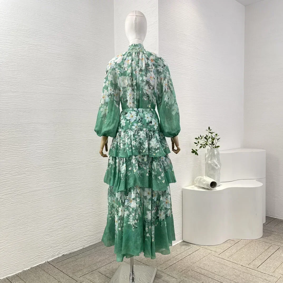 2024 New High Quality Green White Floral Print Long Sleeve Blouse Tops Skirt Set for Women