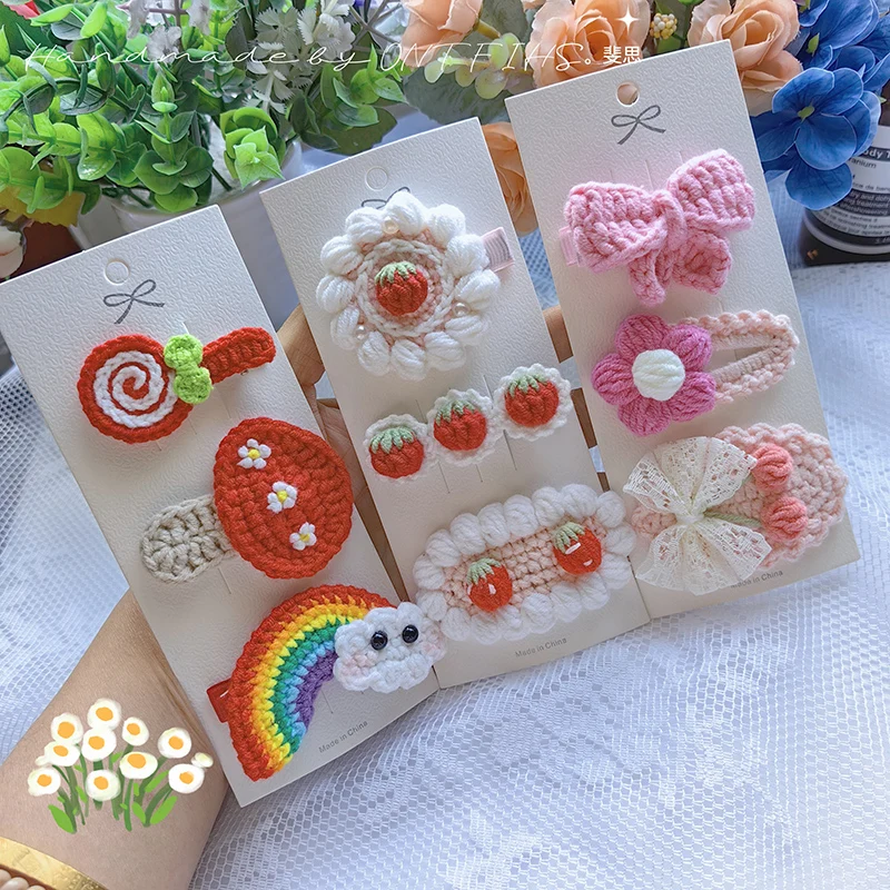 3 Pcs Handmade Crochet Children Lovely Hair Clip Wool Knitting Hairpins Cartoon Cat Pink Pig Elegant Hair Accessories