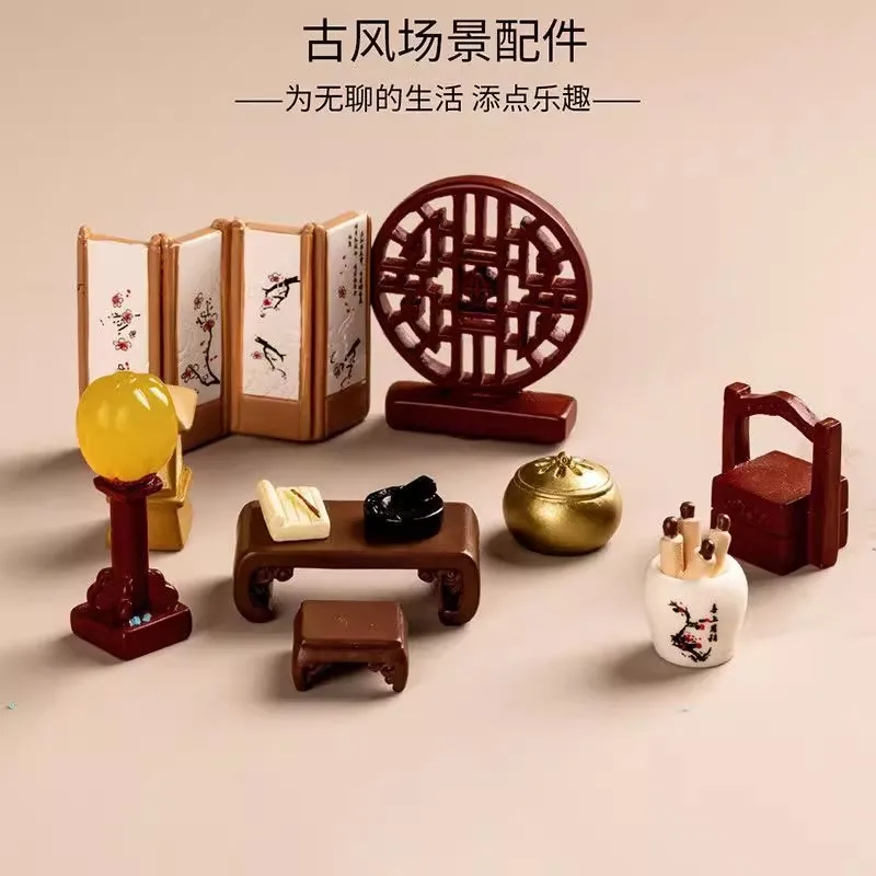 Mini Chinese Study Room Screen & Desk Set, Oriental Scholar Desk Diorama for DIY Craft Decor
