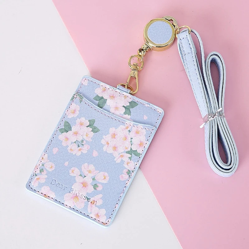 E74B FlowersPU Leather Bus Credit Card Holder for Case Portable Badge Retractable Neck Strap Lanyard