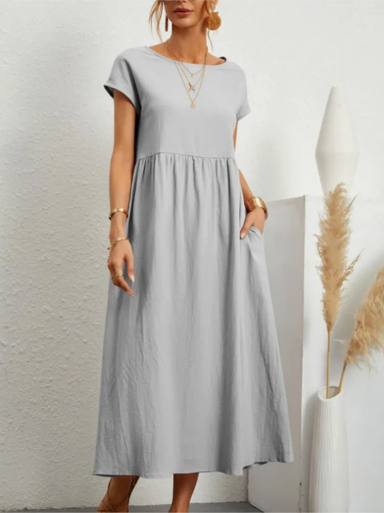

O Neck Short Sleeve Dresses Women Vintage Solid Dress 2026 Summer New Elegant Female Fashion Casual Loose Sundress Long Dress