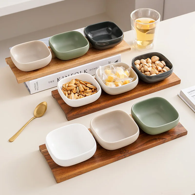 

Nordic Simple Ceramic Snack Bowl 3-Piece Set Acacia Wood Tray Square Condiment Dish Set Household Kitchen Divided Sauce Dish