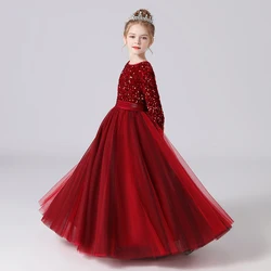 Dideyttawl Customized Glitter Sequin Long Sleeves Flower Girls Dresses For Wedding Tulle Birthday Party Christmas Dress For Girl