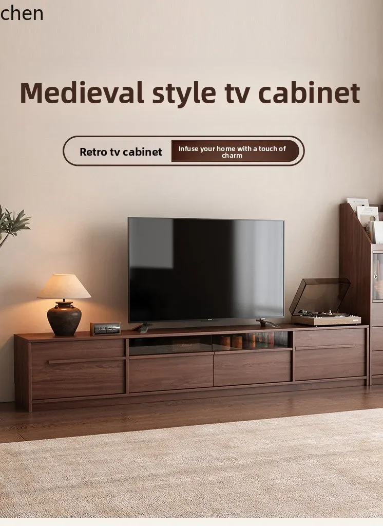 Y16- Vintage Style Solid Wood Skeleton Line TV Cabinet Storage Cabinet Integrated Small Apartment Living Room Home
