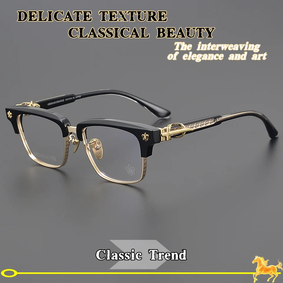 

World Fashion High end Brand Titanium Alloy Men's Eyeglass Casual Half Frame Retro Carving Design Acetate Women's Luxury Glasses
