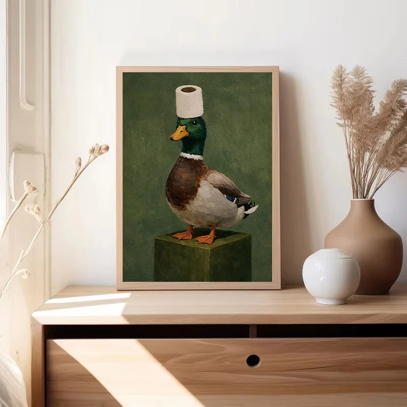 Animals Black Cat Otter Duck with Toilet Paper Poster Green Background Canvas Painting Print for Toilet Bathroom Decor Cuadros
