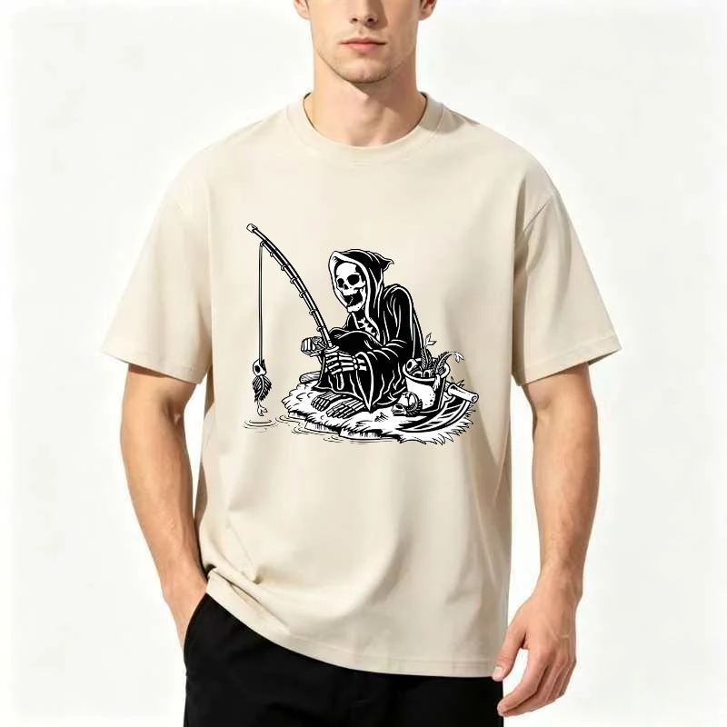Summer cotton and linen high street style black and white Death God Fisherman T-shirt with retro dark aesthetic