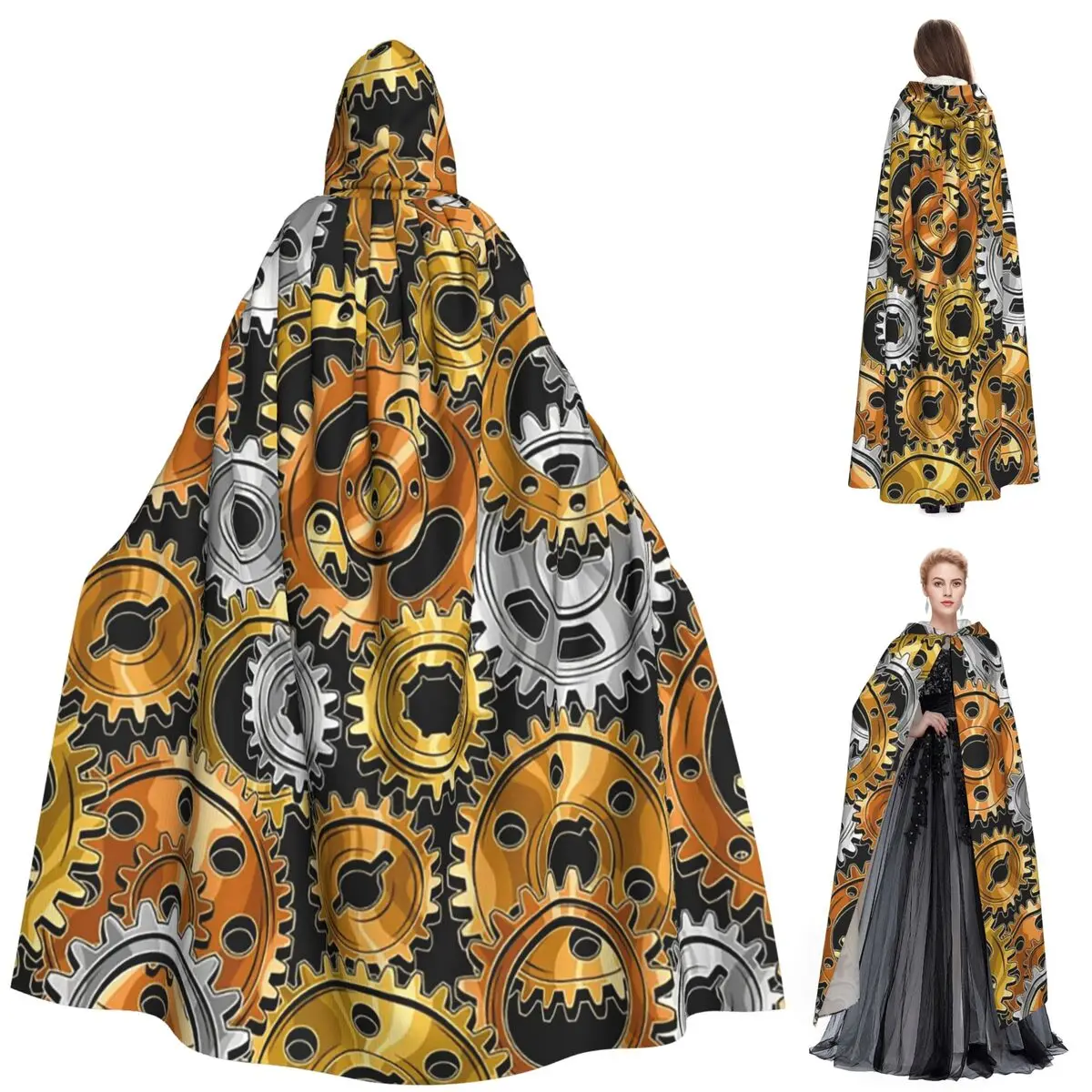 

Mechanical Machine Gears Steampunk Style Long Hooded Cloak Witch Medieval Costume Cosplay Cape HalloweenVampire Adult Unisex