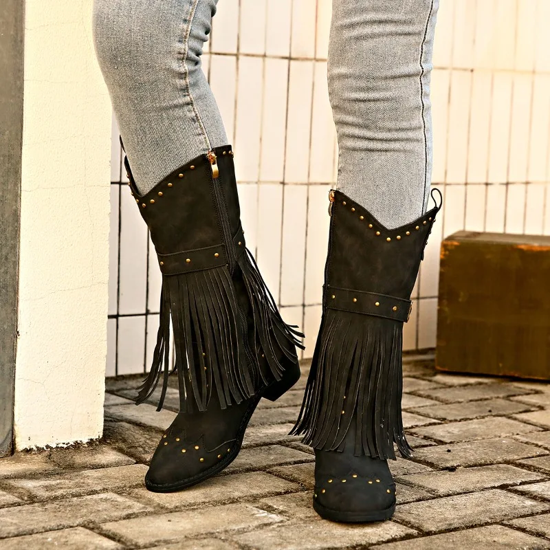 

Women Vintage Ethnic Western Cowboy Boots Rivets Block Heel Boot Tassel Fringe Booties Lady Winter Gladiator Shoes