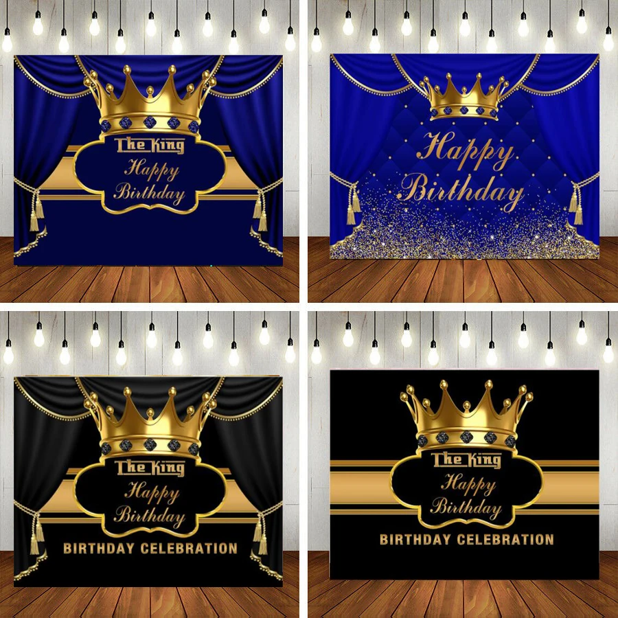 

Photography Backdrop Gold Blue Crown Black Curtrain Background For Photo Studio Prince Boy Happy Birthday Party Decor Supplies