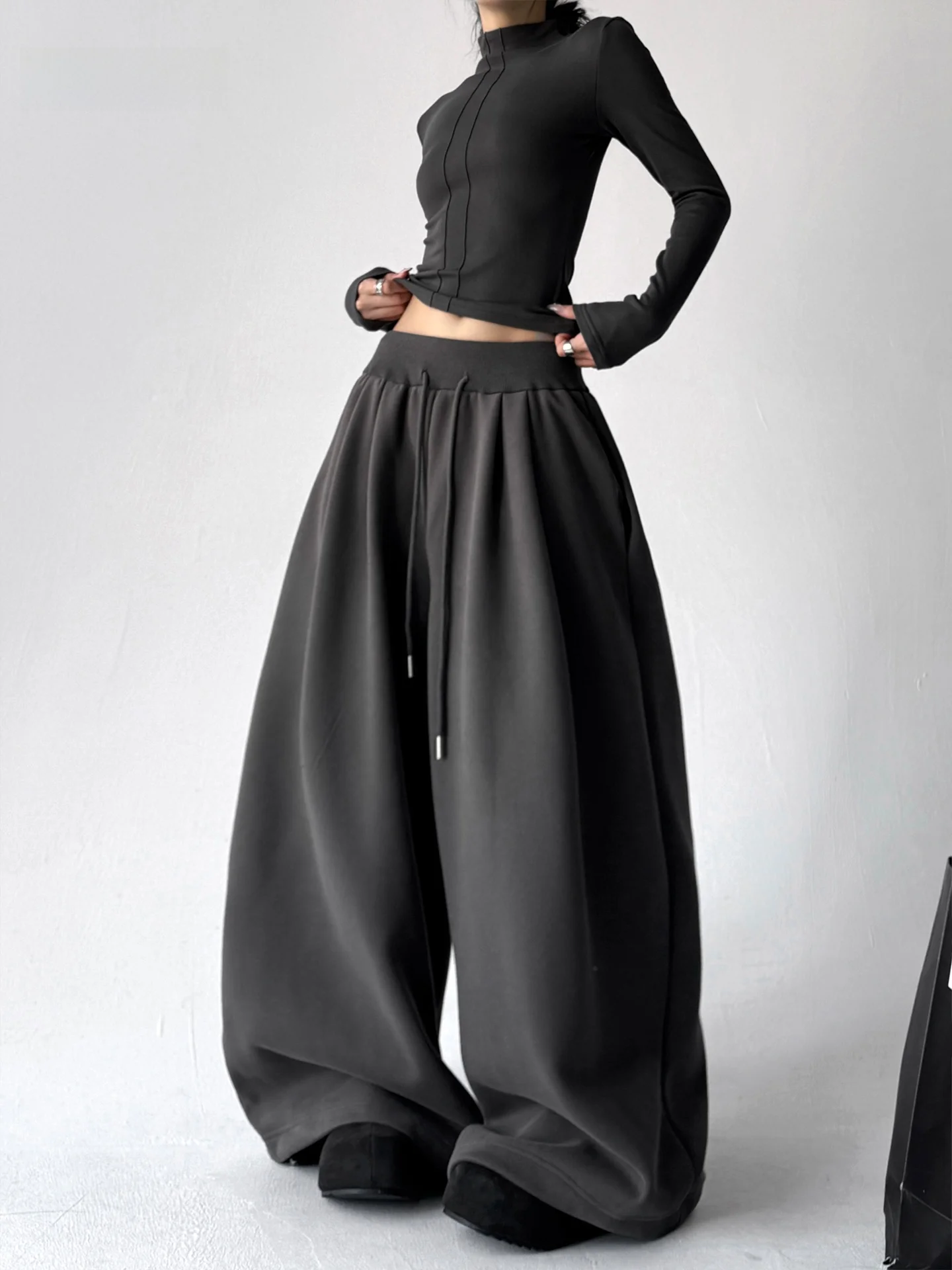 

Winter Fce Lined American Sle Loose Wide Leg Casual Pants Men's Dstring Floor Length Trousers Casual Comfortable