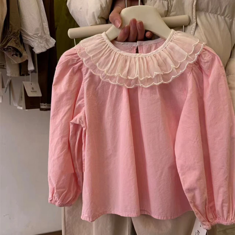 Korea Boutique Kids Shirts Lace Lacework Collar Kawaii Lolita Blouse White Long-sleeved Shirt Cute Baby Shirts100% Cotton