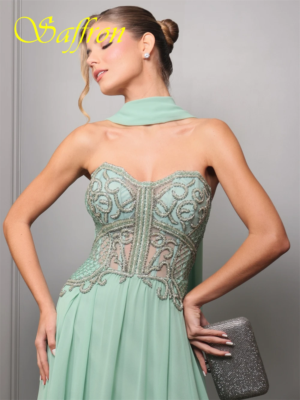 Gaun Malam Sifon Indah Kustom Gaun Prom Applique Anggun Gaun Acara Khusus Tanpa Lengan Tanpa Tali Mode