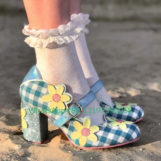 Lady Colorful Daisy Paid Mary Janes Pumps Buckle Strap Colorful Rainbow Design Pumps Buckle Strap New Arrive Stage Play Shoes 46