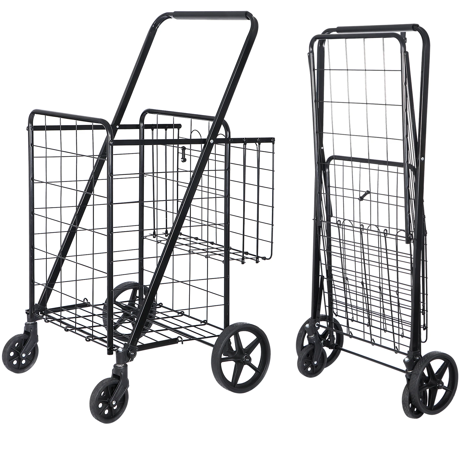 

Folding Shopping Cart Grocery Cart with Double Baskets Swivel Wheels Max 110LBS