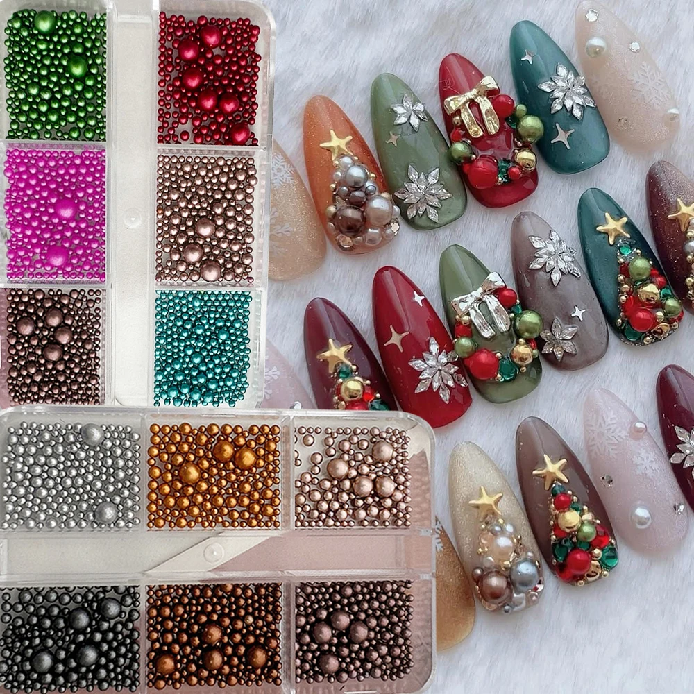

﻿ 6grids/box(500-700Pcs) Colorful Christmas Nail Bead Mixed Size(1.5/2/3.5/4mm) Red/Green/Gold Round Pearl Ball DIY Xmas Bead