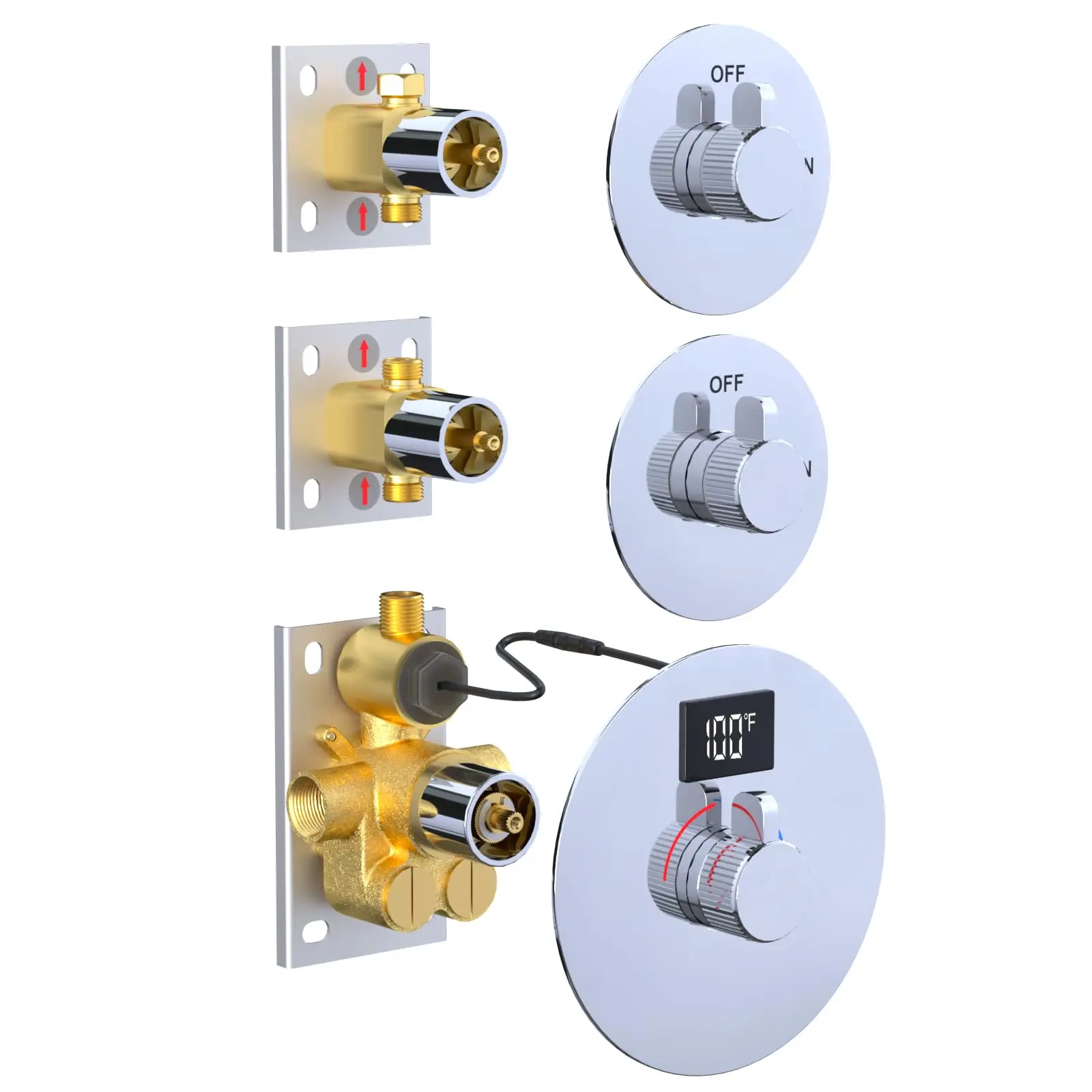 

Chrome Shower Mixer Valve With Digital Temperature Display, 2 Way Flow Control Diverter Mixing Valve