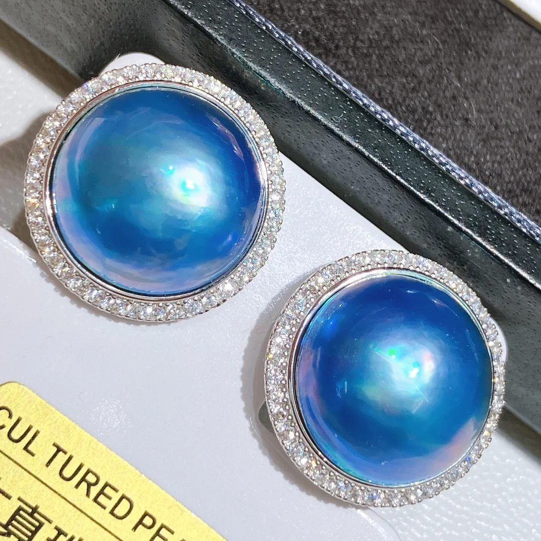 Luxury Real Natural Blue White Sea Mabe Pearl Stud Earrings for Women 925 Silver 16-17mm Big Earrings Fine Jewelry Party Gift