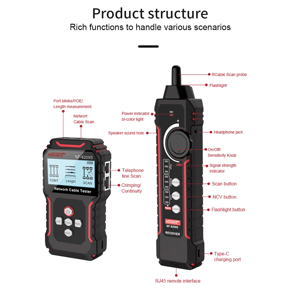 Lepmerk NF-8209S Network Cable Tracker RJ11/RJ45/Cat5/Cat6 Telephone Wire Tracer Toner Ethernet LAN Tester