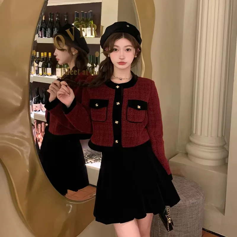 Insozkdg Autumn Winter Skirt Suits French Elegant Tweed-inspired Red Long Sleeves Jacket + Velvet Skirt Outfit 2 Piece Set Women