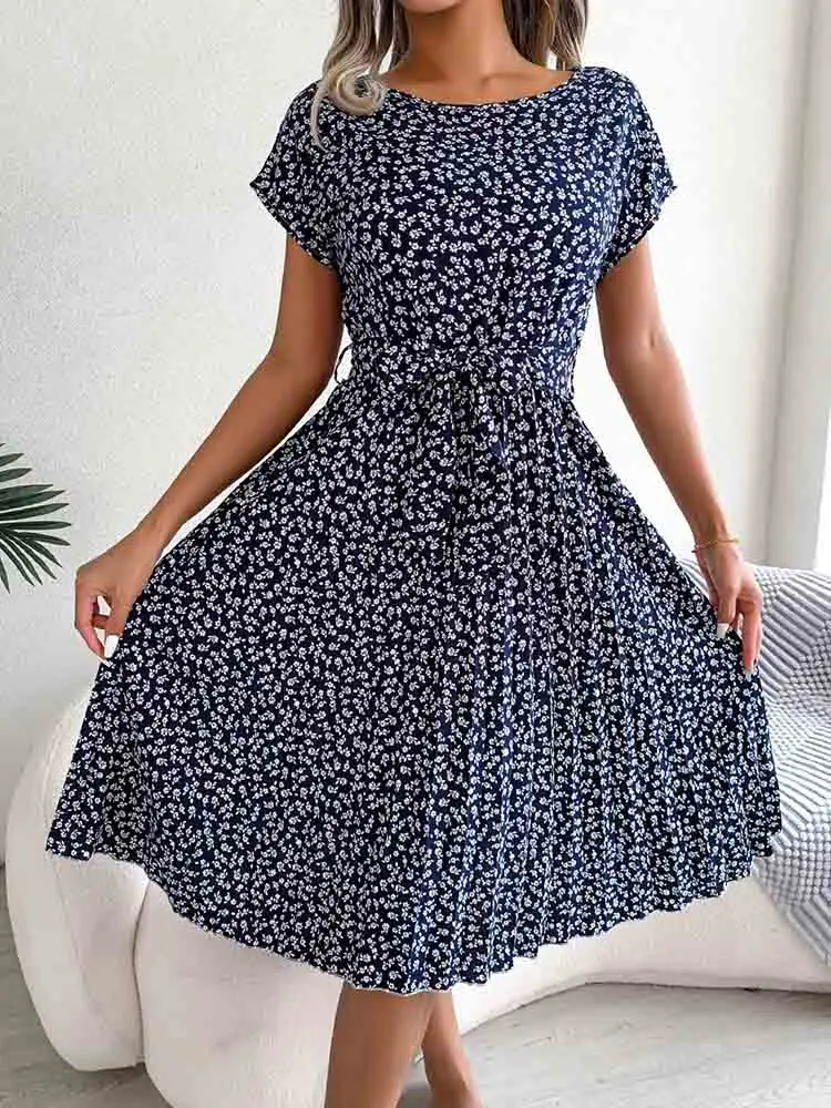 Fashion Floral Pleated A Line Long Dress Women Spring Summer Short Sleeve High Waist Chic Dress