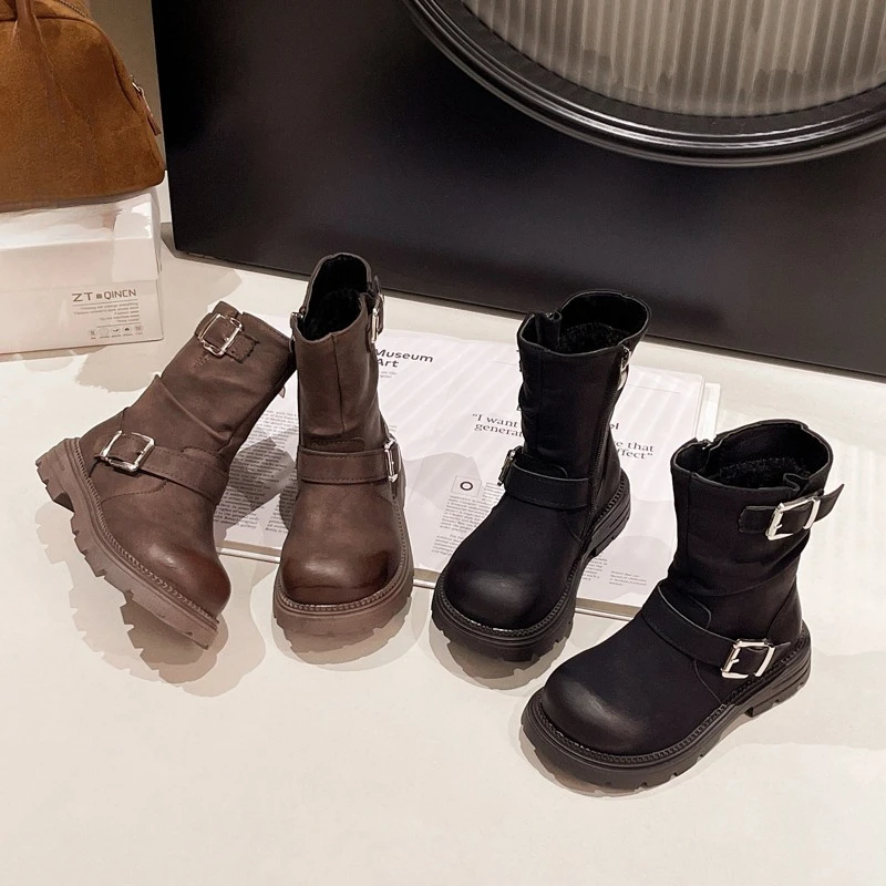 

Зимние детские ботинки в стиле ретро, трендовые, хит продаж, хлопковые сапоги на платформе для девочек, уличные универсальные детские модные плюшевые ботинки принцессы до щиколотки