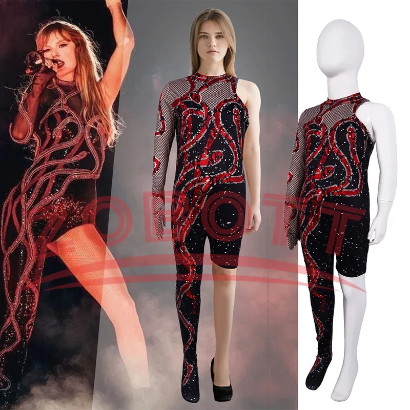 Taylor Cosplay Swift Eras Tour Sparkles Costume imprimé 3D Sexy noir une jambe serpent combinaison Halloween body femmes garçon filles