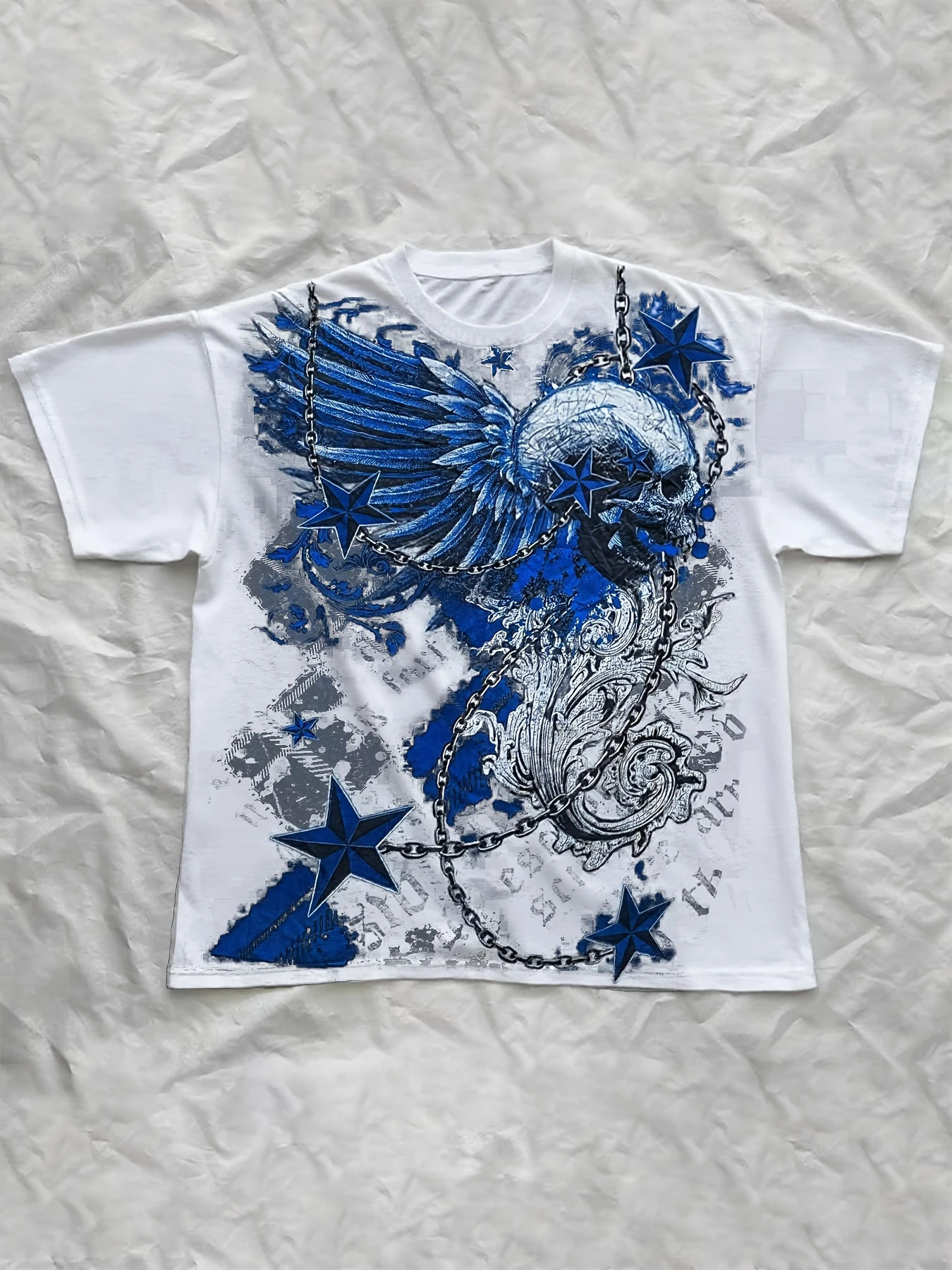 Men Casual Short Sleeve Tee White Grunge Style Skull Wing Graphic With Star And Metal Chain Print Crew Neck Streetwear Top Kids