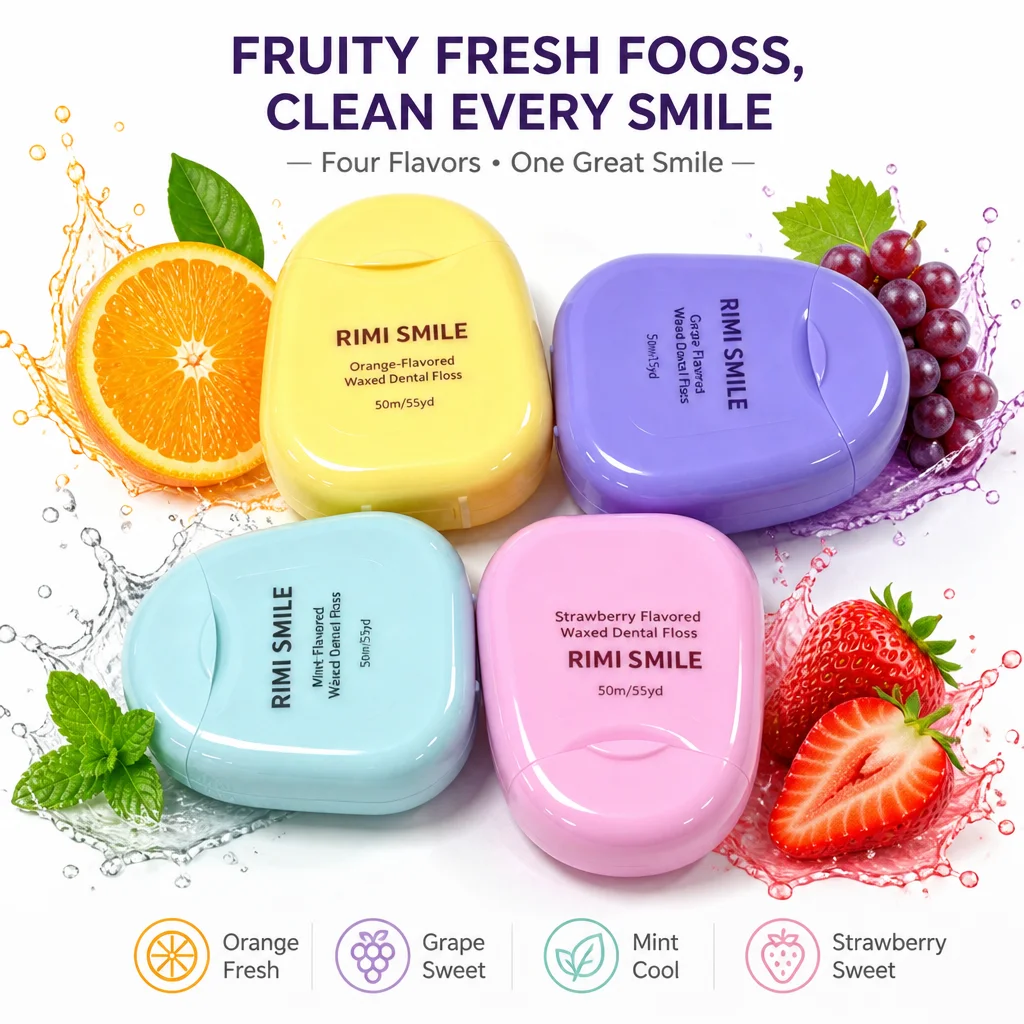 4 Flavors 50M Dental Floss Roll with Stainless Steel Floss Holder, Reusable Oral Cleaning Dental Floss Kit