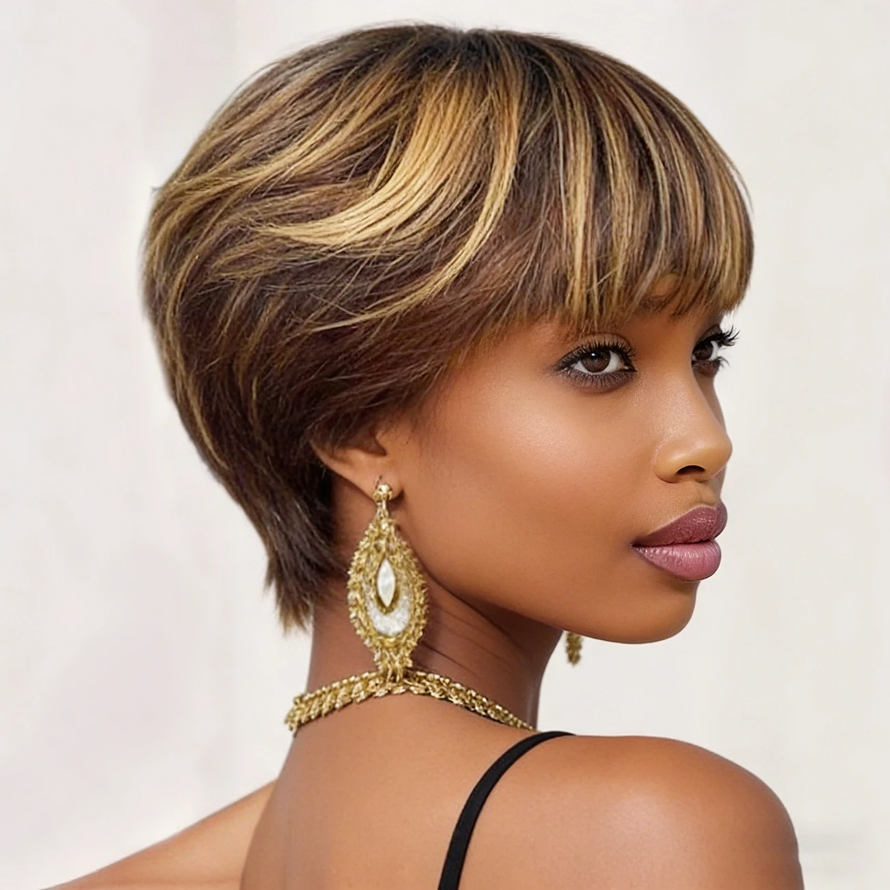 

P427 Brown Highlight Pixie Cut Human Hair Wigs Remy Hair Full Machine Made Natural Look Short Daily Wear Wigs