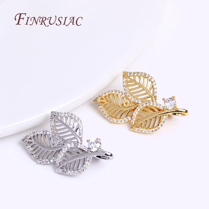 18K Gold Plated Inlaid Zircon Hollow Leaf Pearl Clasps Supplies For Jewelry Making DIY Craft, Beads Clasps Fastener Accessories