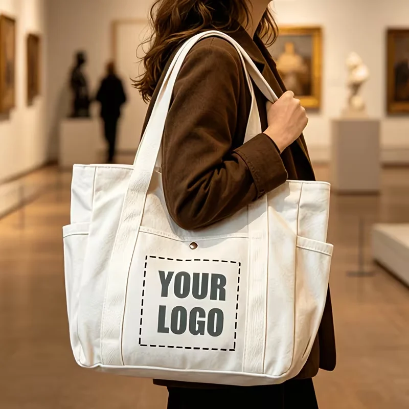 Custom Print Logo Canvas Bag Zipper Large Capacity Tote Canvas Bags Commuter Shoulder Eco-friendly Friendly Shopping Bag