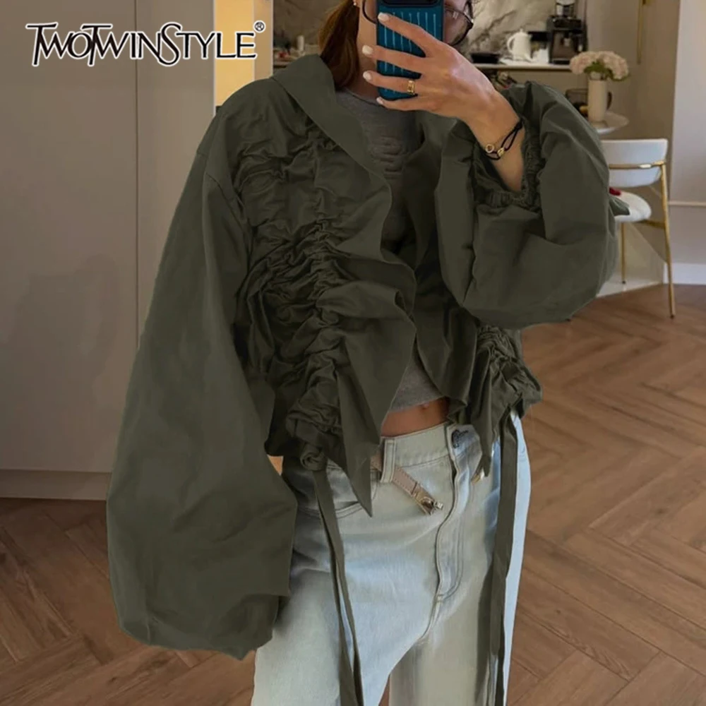 TWOTWINSTYLE Vintage Drawstring Women Shirts Lapel Collar Long Sleeve Loose Shirt for Street Gathering Wear Fashion Autumn New