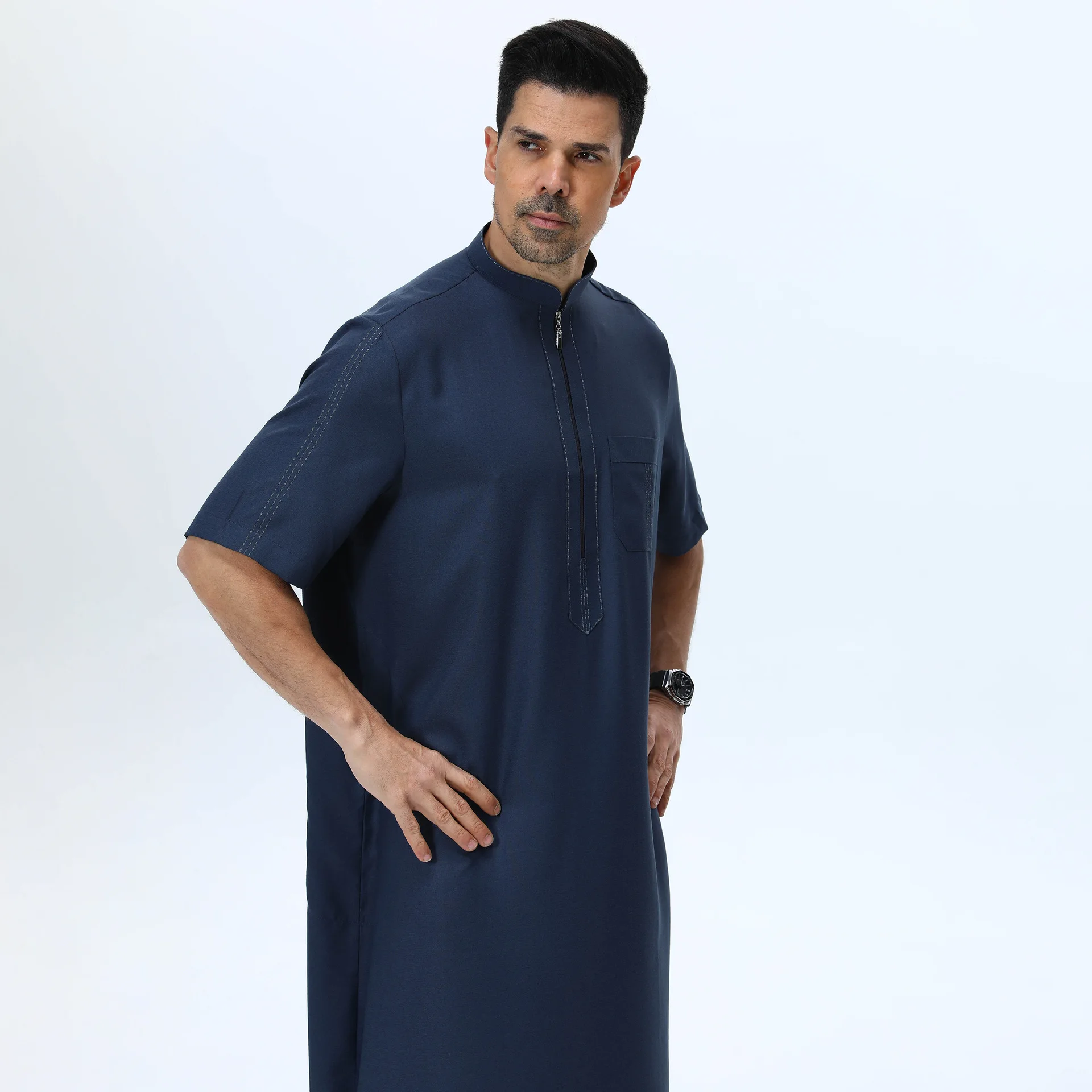 Arabo saudita Jubba Thobe per uomini arabi Robe Abito musulmano Manica corta Cerniera Thoub Daffah Dishdasha Islam Abbigliamento Caftano Abaya